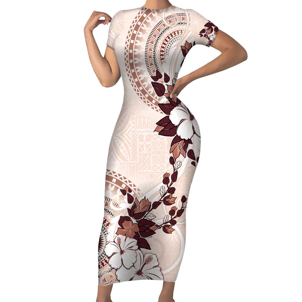 Bula Fiji Language Week Short Sleeve Bodycon Dress Fijian Tapa Pattern With Tagimoucia Flower LT05 Long Dress Beige - Polynesian Pride