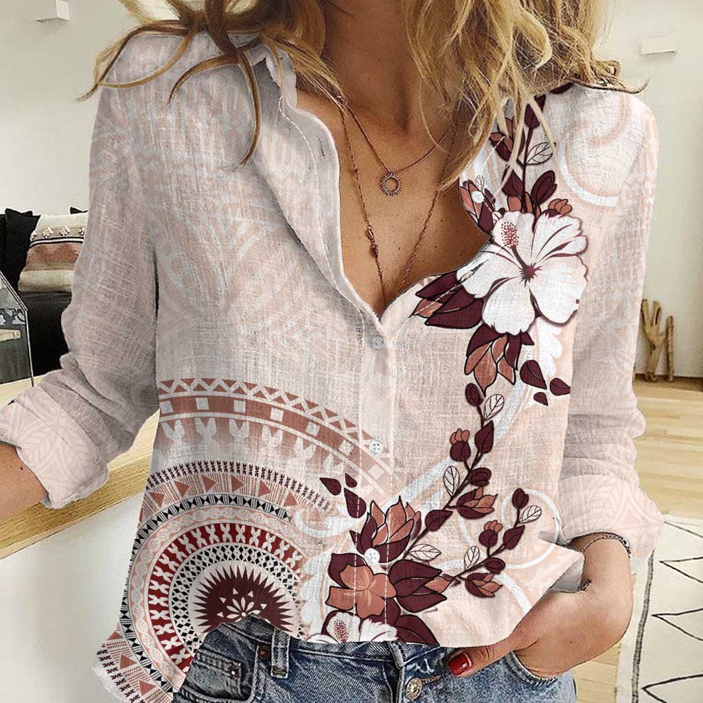 Bula Fiji Language Week Women Casual Shirt Fijian Tapa Pattern With Tagimoucia Flower LT05 Female Beige - Polynesian Pride