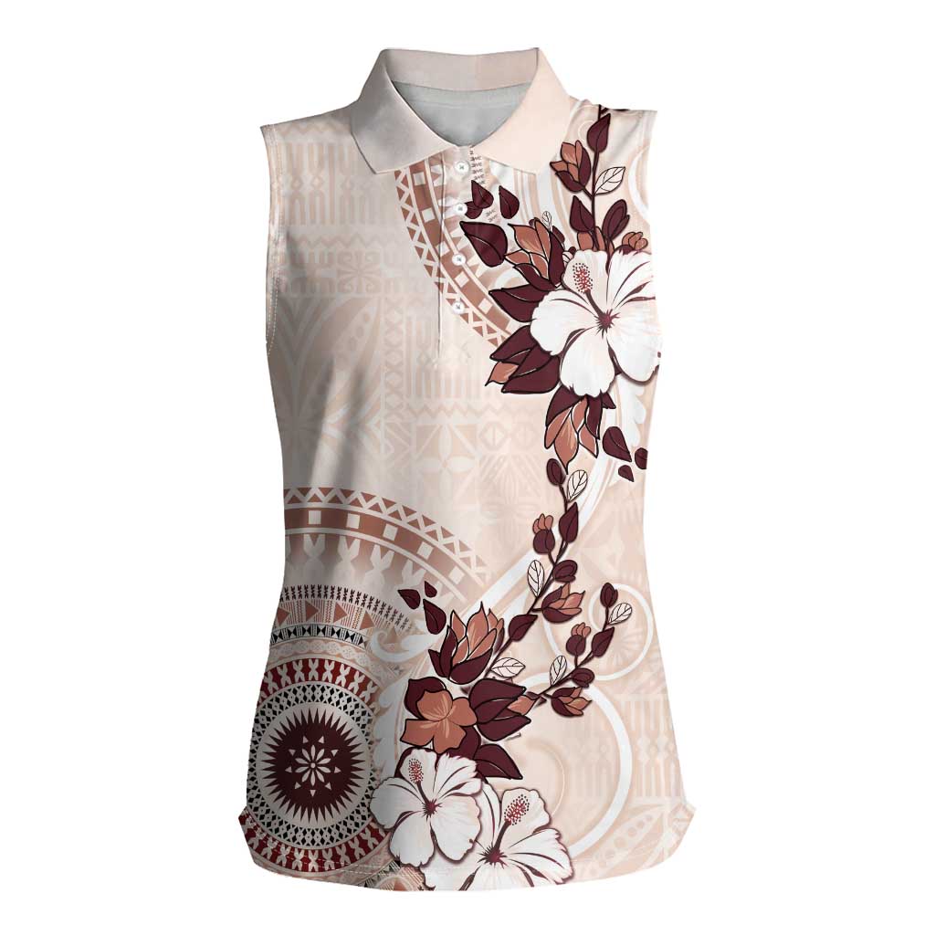 Bula Fiji Language Week Women Sleeveless Polo Shirt Fijian Tapa Pattern With Tagimoucia Flower LT05 Female Beige - Polynesian Pride