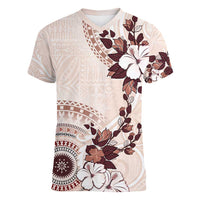 Bula Fiji Language Week Women V-Neck T-Shirt Fijian Tapa Pattern With Tagimoucia Flower LT05 Female Beige - Polynesian Pride