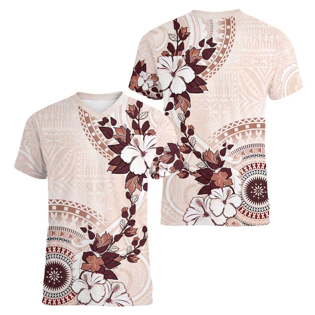 Bula Fiji Language Week Women V-Neck T-Shirt Fijian Tapa Pattern With Tagimoucia Flower LT05 - Polynesian Pride