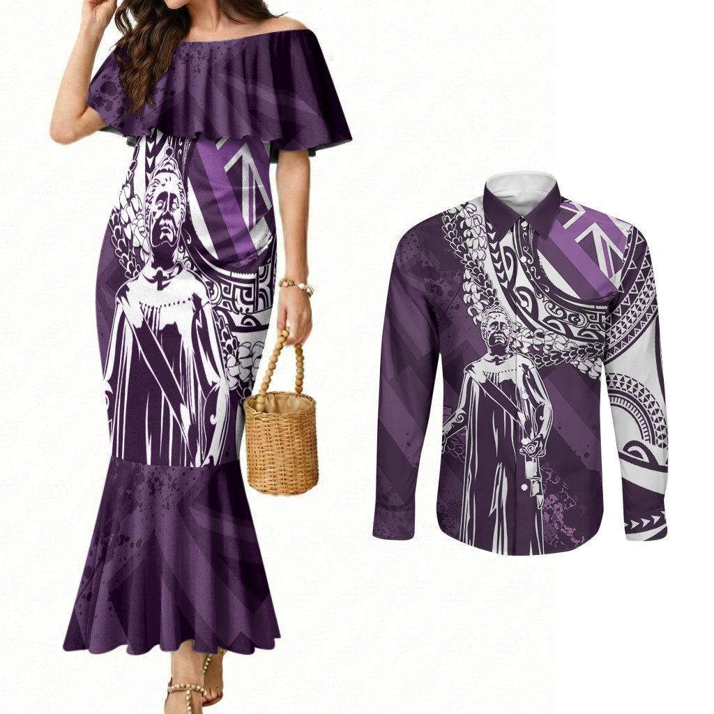 Hawaii Queen Liliuokalani Couples Matching Mermaid Dress and Long Sleeve Button Shirt Hawaiian Maile Lei Flag Style LT05 Purple - Polynesian Pride