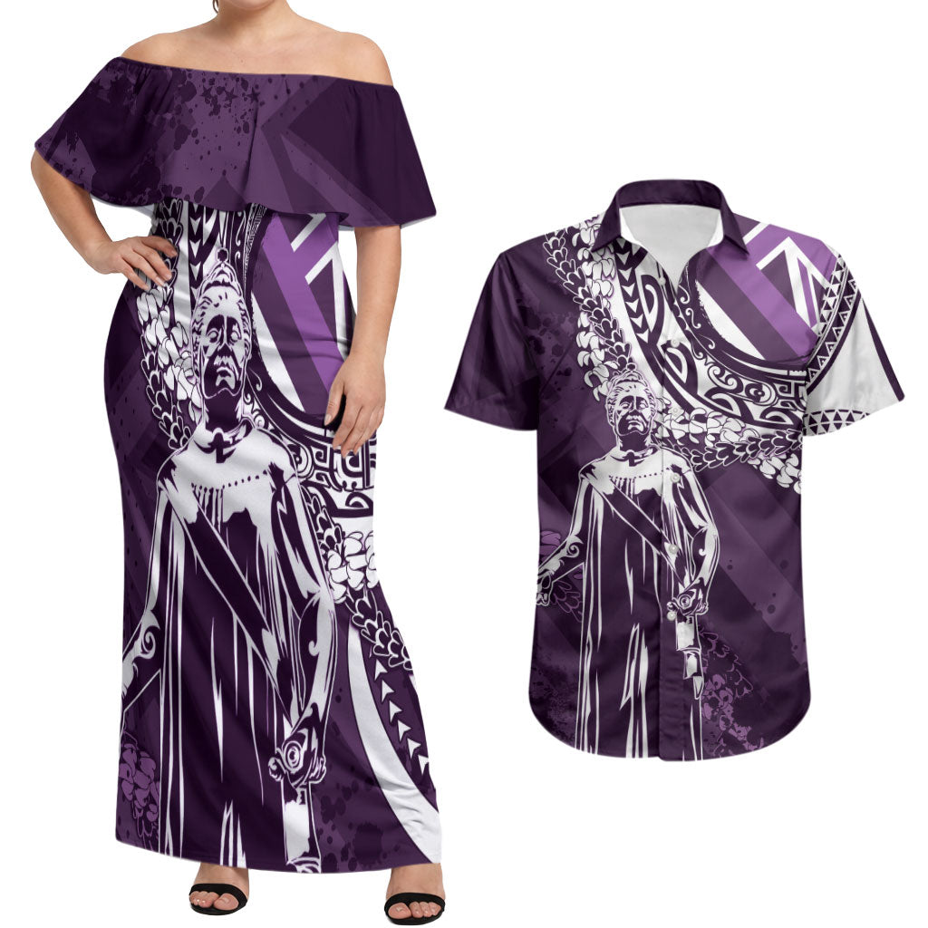 Hawaii Queen Liliuokalani Couples Matching Off Shoulder Maxi Dress and Hawaiian Shirt Hawaiian Maile Lei Flag Style