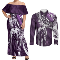 Hawaii Queen Liliuokalani Couples Matching Off Shoulder Maxi Dress and Long Sleeve Button Shirt Hawaiian Maile Lei Flag Style LT05 Purple - Polynesian Pride