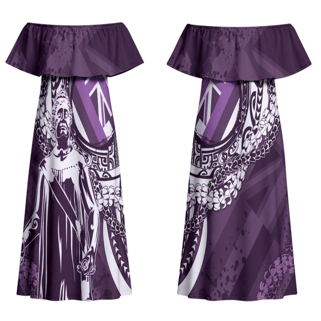 Hawaii Queen Liliuokalani Couples Matching Off Shoulder Maxi Dress and Long Sleeve Button Shirt Hawaiian Maile Lei Flag Style LT05 - Polynesian Pride