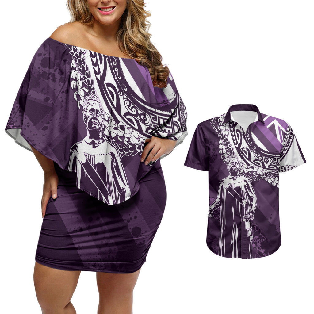 Hawaii Queen Liliuokalani Couples Matching Off Shoulder Short Dress and Hawaiian Shirt Hawaiian Maile Lei Flag Style