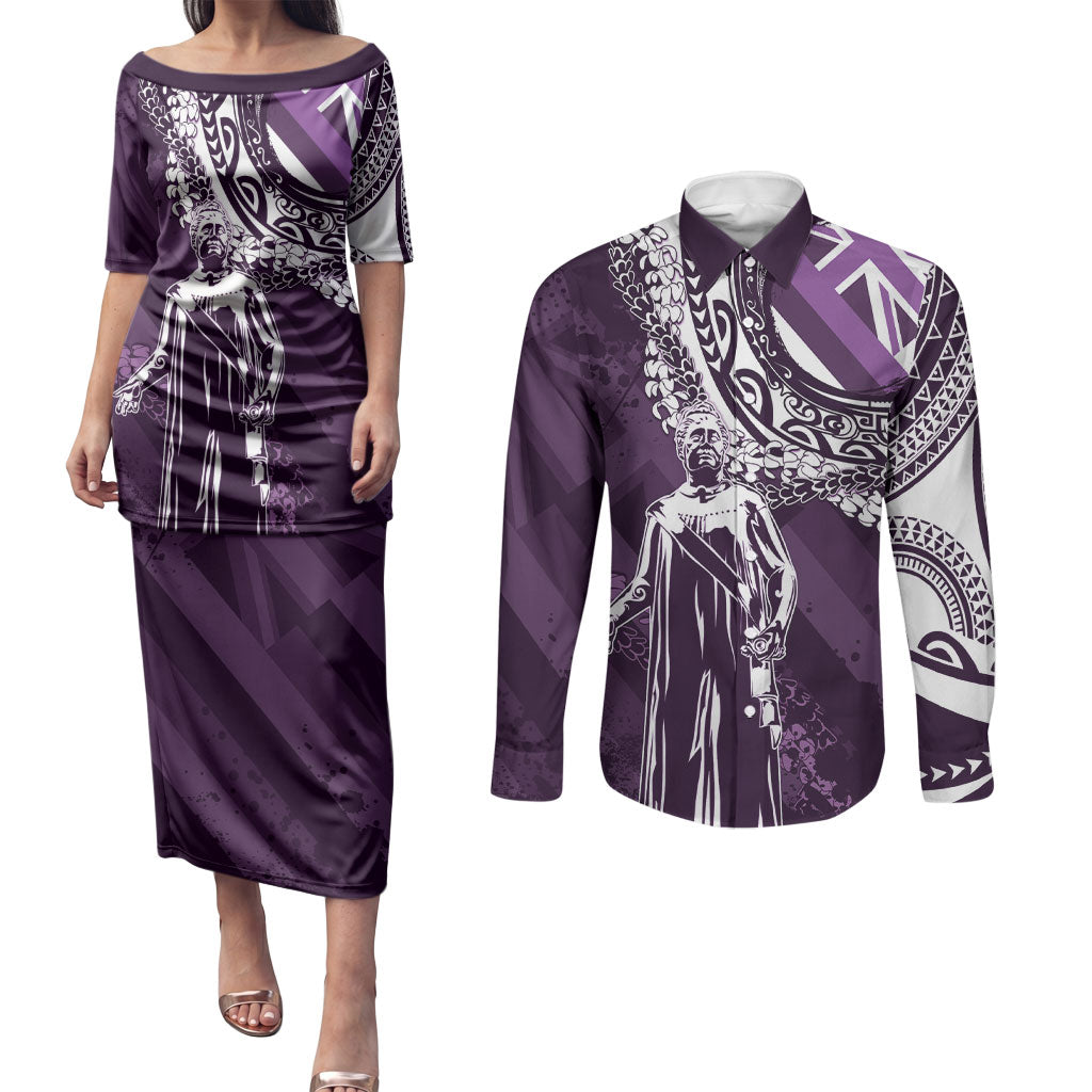 Hawaii Queen Liliuokalani Couples Matching Puletasi and Long Sleeve Button Shirt Hawaiian Maile Lei Flag Style