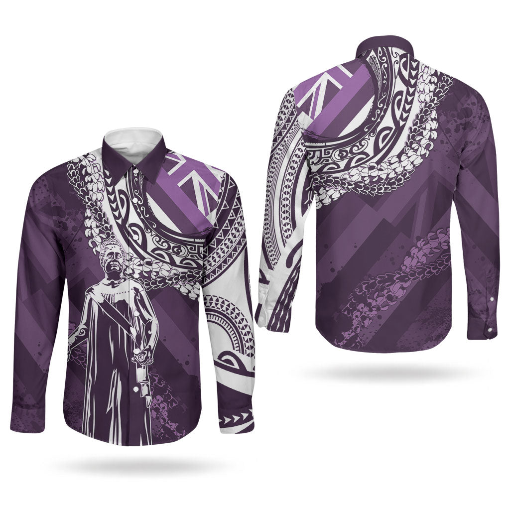 Hawaii Queen Liliuokalani Couples Matching Summer Maxi Dress and Long Sleeve Button Shirt Hawaiian Maile Lei Flag Style LT05 - Polynesian Pride
