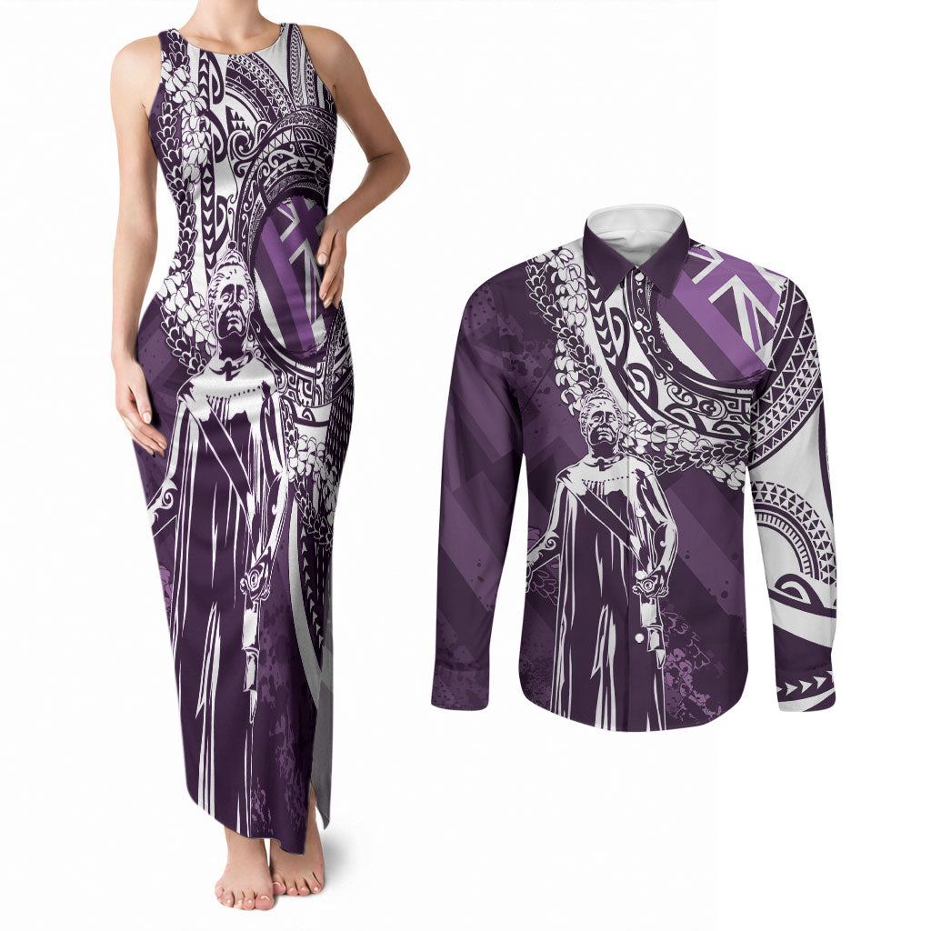 Hawaii Queen Liliuokalani Couples Matching Tank Maxi Dress and Long Sleeve Button Shirt Hawaiian Maile Lei Flag Style LT05 Purple - Polynesian Pride