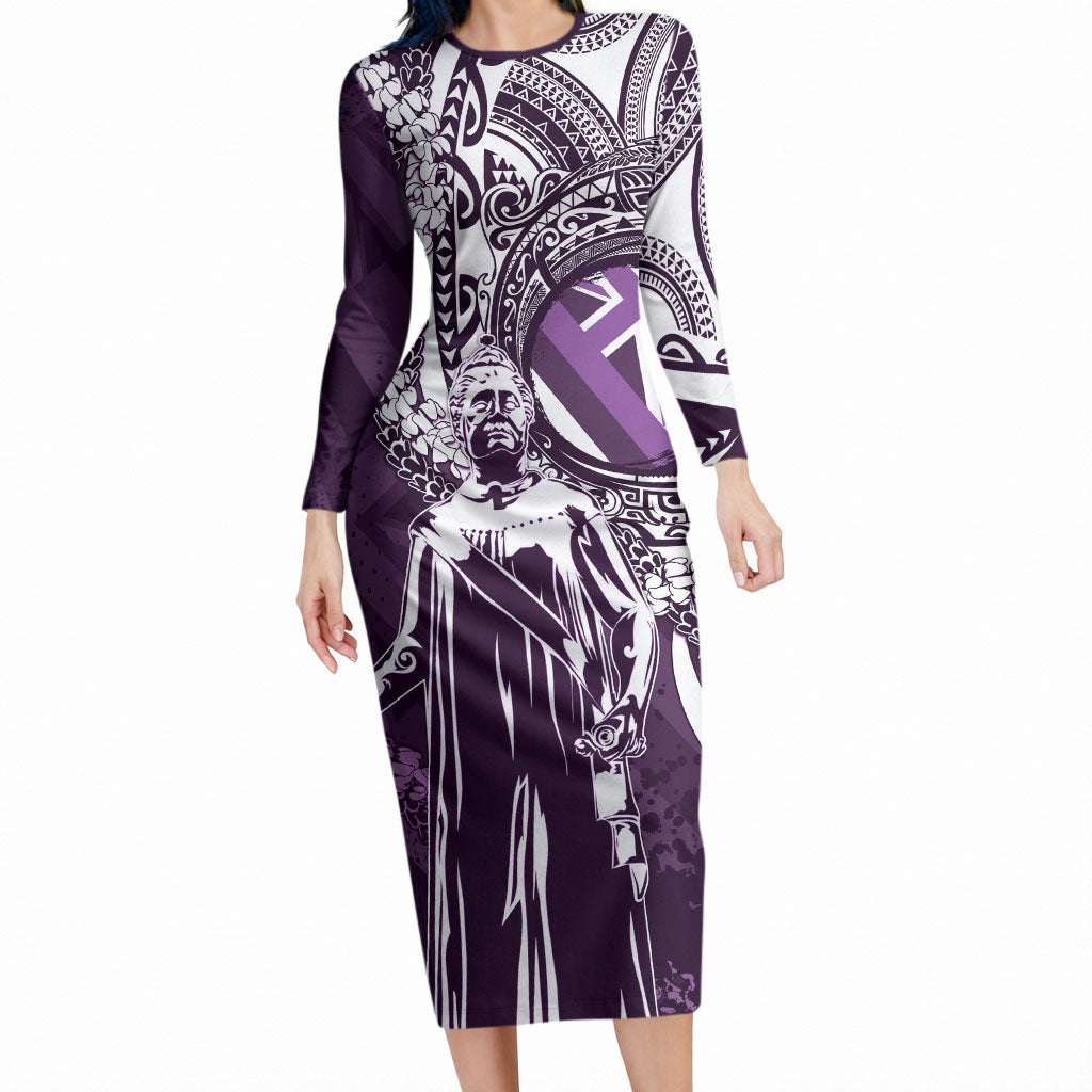 Hawaii Queen Liliuokalani Long Sleeve Bodycon Dress Hawaiian Maile Lei Flag Style