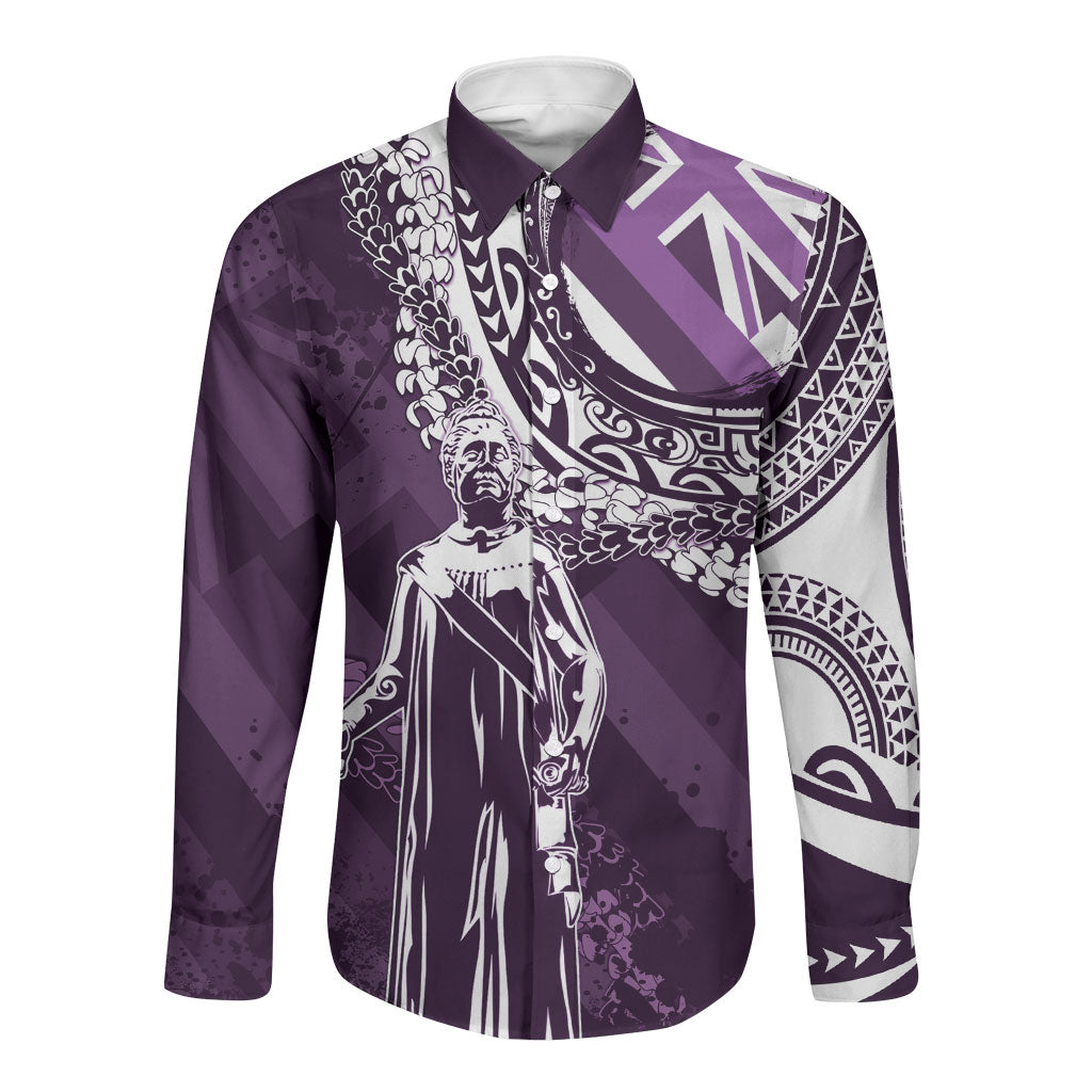 Hawaii Queen Liliuokalani Long Sleeve Button Shirt Hawaiian Maile Lei Flag Style