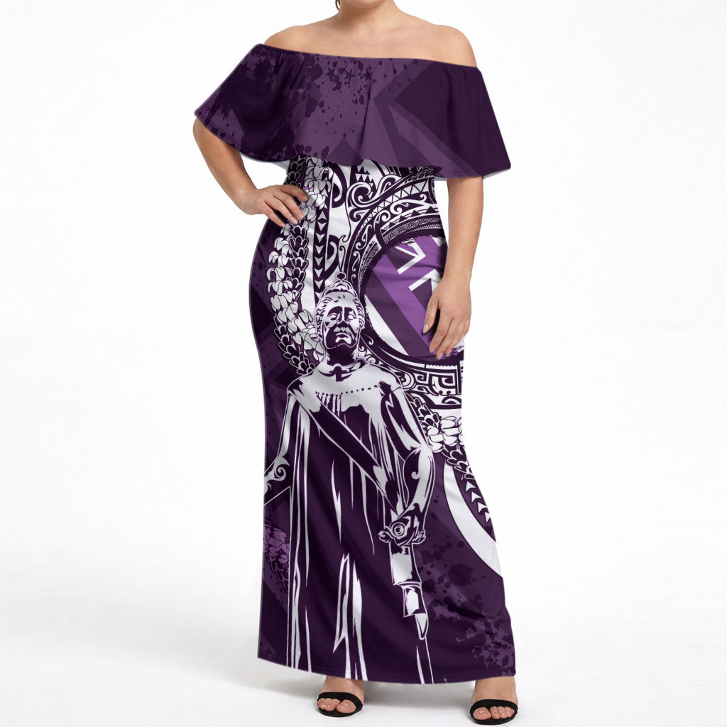 Hawaii Queen Liliuokalani Off Shoulder Maxi Dress Hawaiian Maile Lei Flag Style