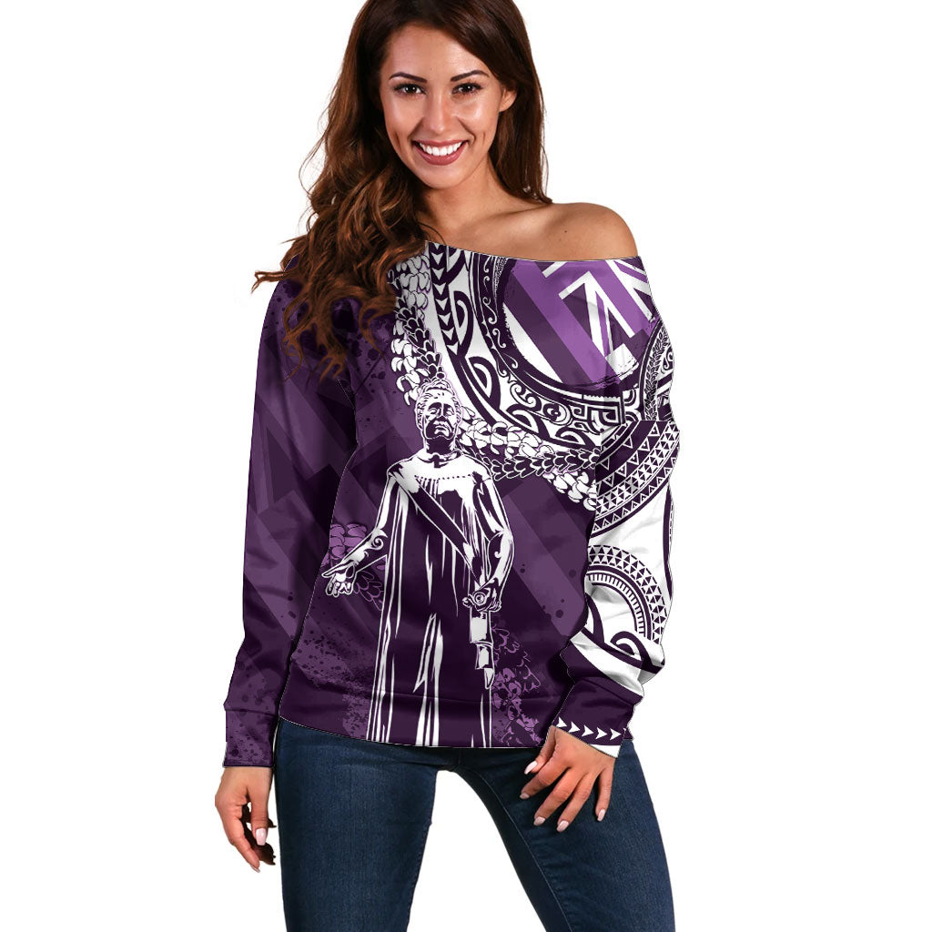 Hawaii Queen Liliuokalani Off Shoulder Sweater Hawaiian Maile Lei Flag Style
