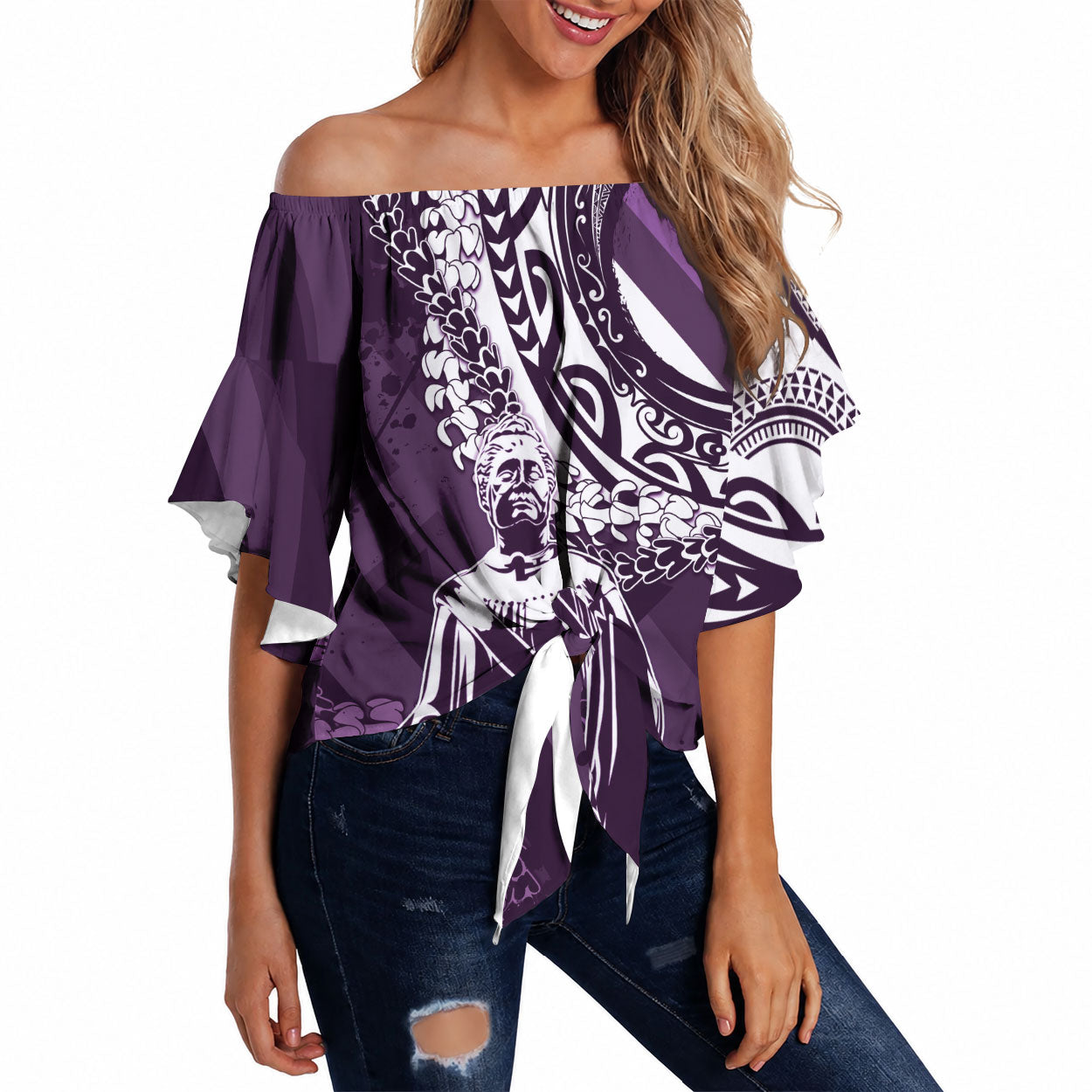 Hawaii Queen Liliuokalani Off Shoulder Wrap Waist Top Hawaiian Maile Lei Flag Style