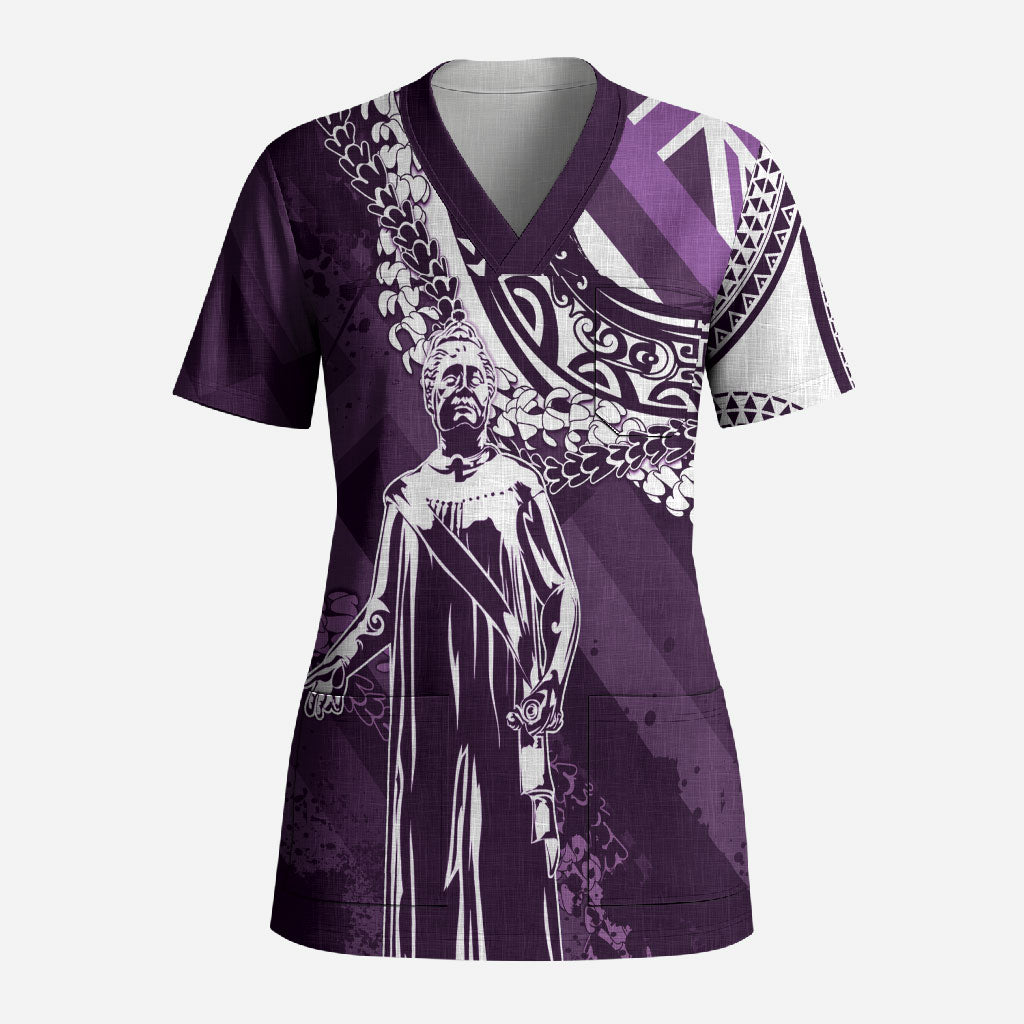 Hawaii Queen Liliuokalani Scrub Top Hawaiian Maile Lei Flag Style