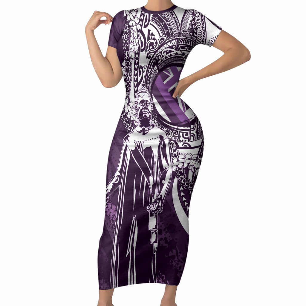 Hawaii Queen Liliuokalani Short Sleeve Bodycon Dress Hawaiian Maile Lei Flag Style