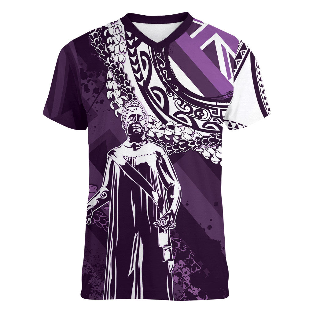Hawaii Queen Liliuokalani Women V-Neck T-Shirt Hawaiian Maile Lei Flag Style