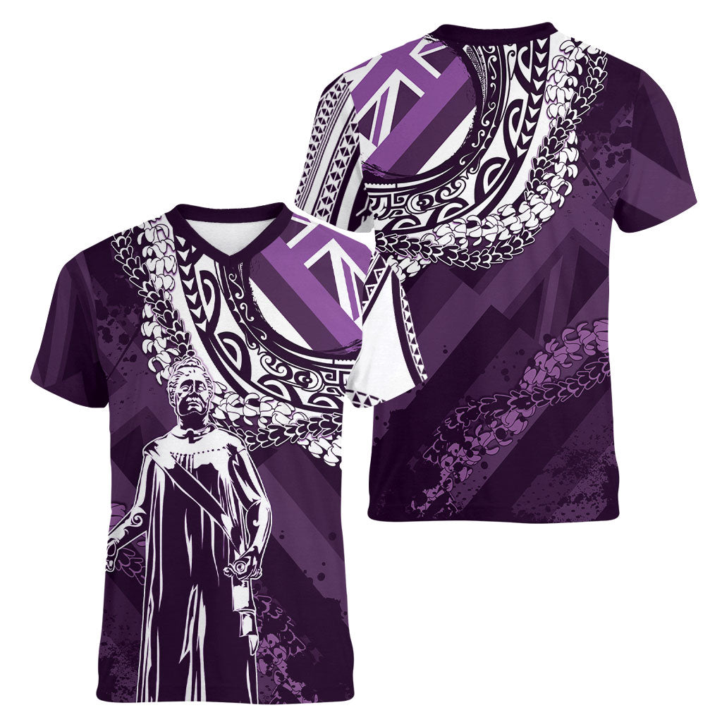 Hawaii Queen Liliuokalani Women V-Neck T-Shirt Hawaiian Maile Lei Flag Style LT05 - Polynesian Pride