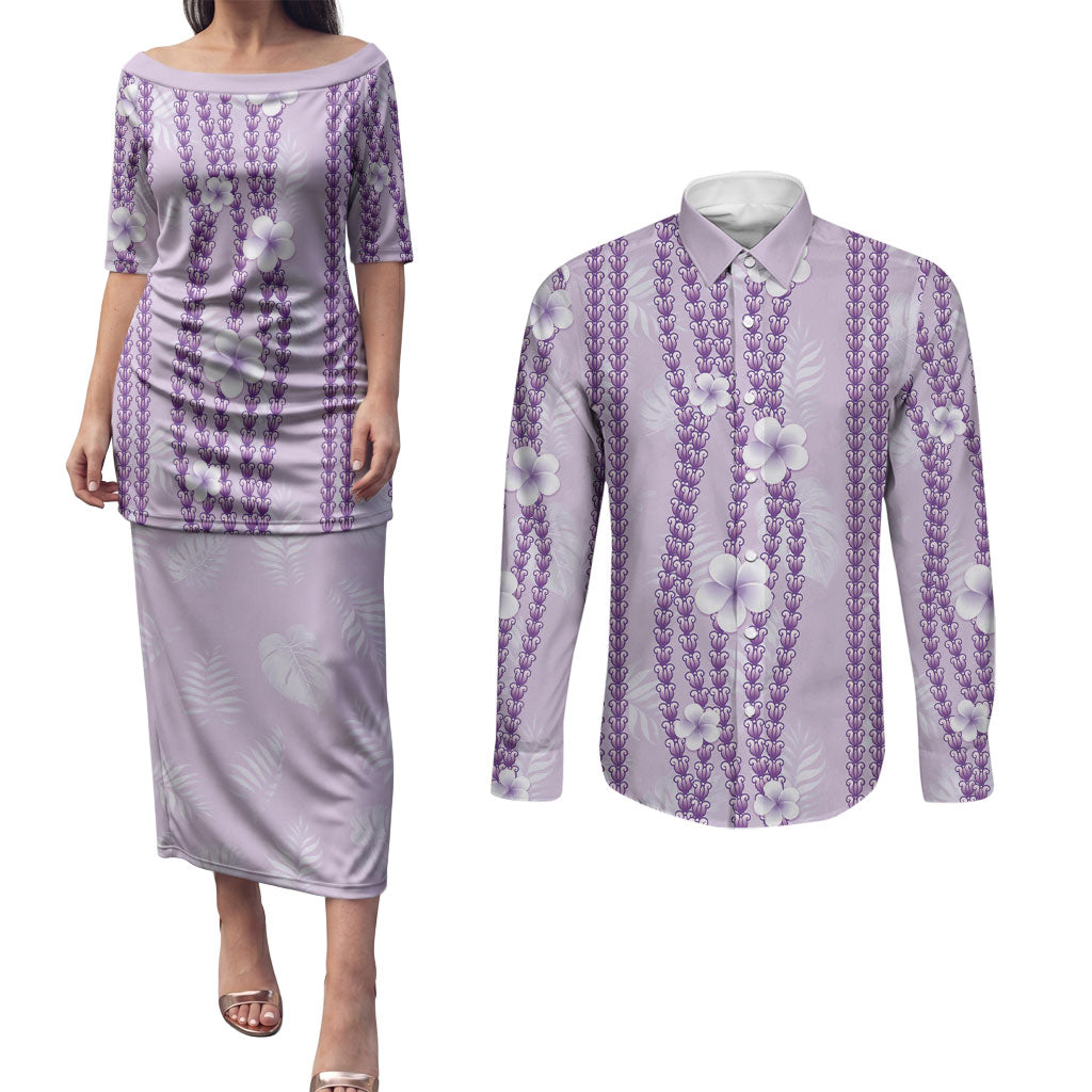 Hawaii Queen Liliuokalani Couples Matching Puletasi and Long Sleeve Button Shirt Lavender Lei Pua Kalaunu