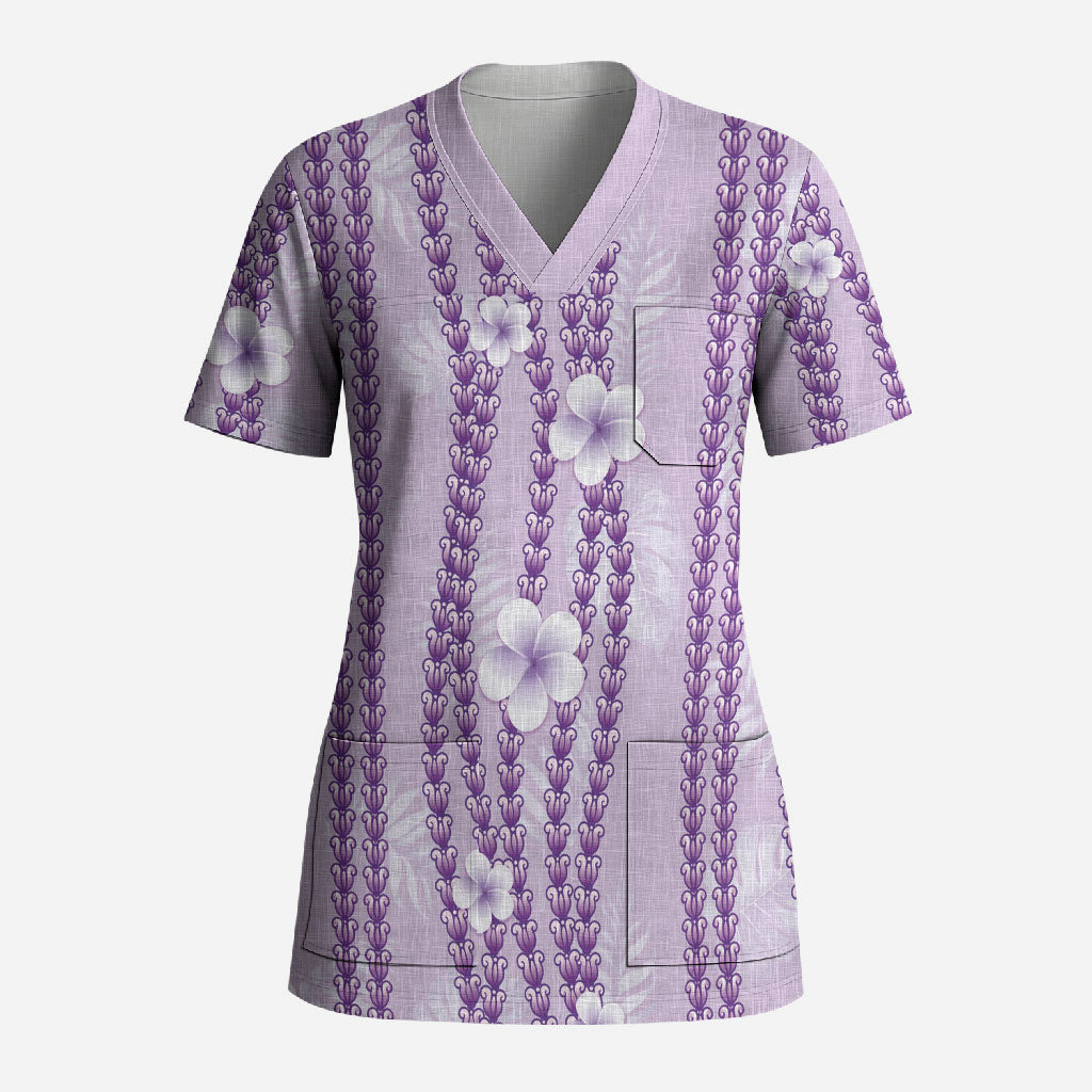 Hawaii Queen Liliuokalani Scrub Top Lavender Lei Pua Kalaunu