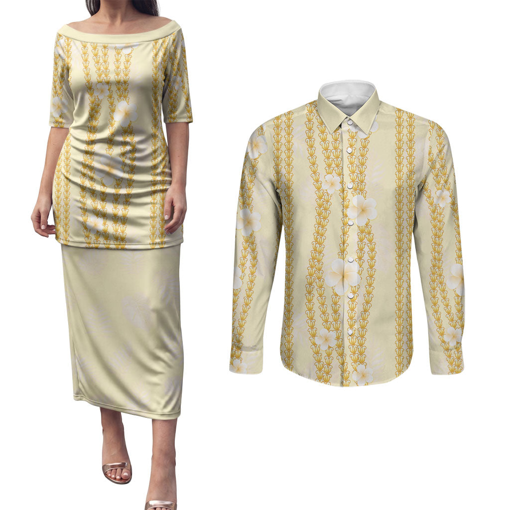 Hawaii Queen Liliuokalani Couples Matching Puletasi and Long Sleeve Button Shirt Gold Lei Pua Kalaunu