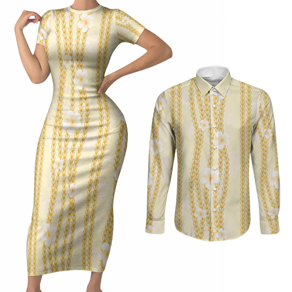 Hawaii Queen Liliuokalani Couples Matching Short Sleeve Bodycon Dress and Long Sleeve Button Shirt Gold Lei Pua Kalaunu LT05 Gold - Polynesian Pride