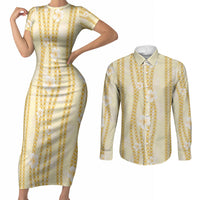 Hawaii Queen Liliuokalani Couples Matching Short Sleeve Bodycon Dress and Long Sleeve Button Shirt Gold Lei Pua Kalaunu LT05 Gold - Polynesian Pride