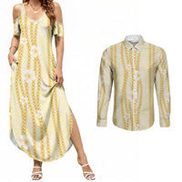 Hawaii Queen Liliuokalani Couples Matching Summer Maxi Dress and Long Sleeve Button Shirt Gold Lei Pua Kalaunu LT05 Gold - Polynesian Pride