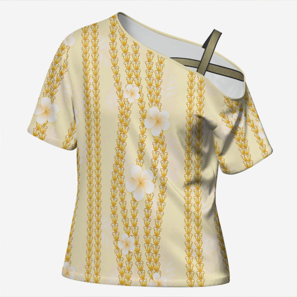 Hawaii Queen Liliuokalani Cross Shoulder Shirt Gold Lei Pua Kalaunu