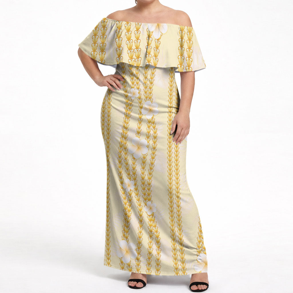 Hawaii Queen Liliuokalani Off Shoulder Maxi Dress Gold Lei Pua Kalaunu