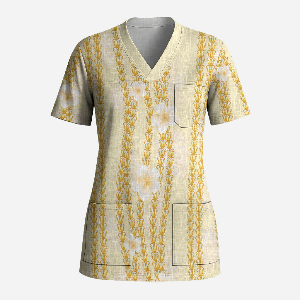 Hawaii Queen Liliuokalani Scrub Top Gold Lei Pua Kalaunu