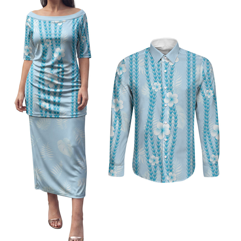 Hawaii Queen Liliuokalani Couples Matching Puletasi and Long Sleeve Button Shirt Blue Lei Pua Kalaunu