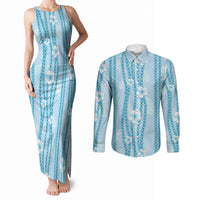 Hawaii Queen Liliuokalani Couples Matching Tank Maxi Dress and Long Sleeve Button Shirt Blue Lei Pua Kalaunu LT05 Blue - Polynesian Pride