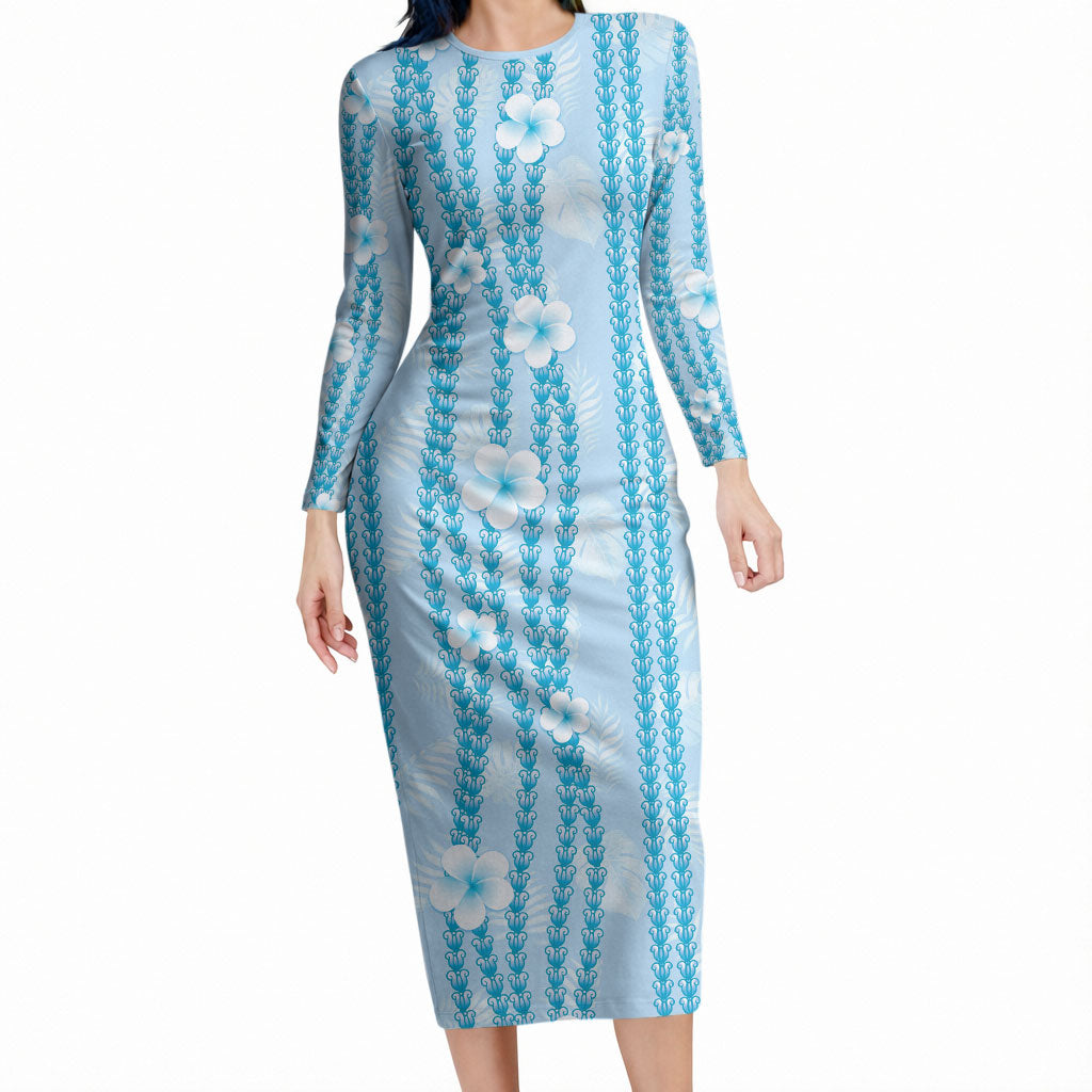 Hawaii Queen Liliuokalani Long Sleeve Bodycon Dress Blue Lei Pua Kalaunu