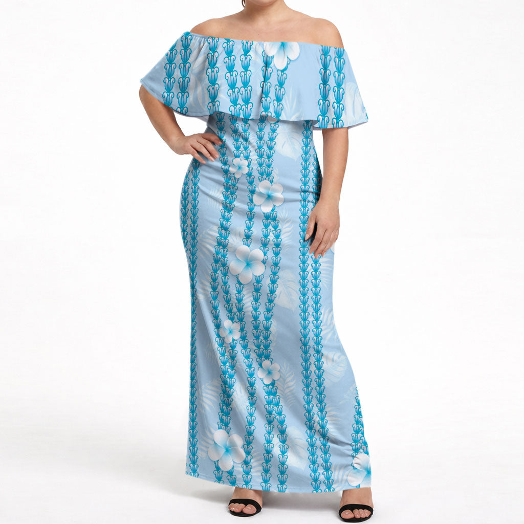 Hawaii Queen Liliuokalani Off Shoulder Maxi Dress Blue Lei Pua Kalaunu