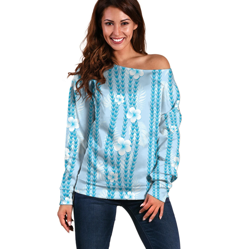 Hawaii Queen Liliuokalani Off Shoulder Sweater Blue Lei Pua Kalaunu