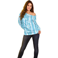 Hawaii Queen Liliuokalani Off Shoulder Sweater Blue Lei Pua Kalaunu LT05 - Polynesian Pride