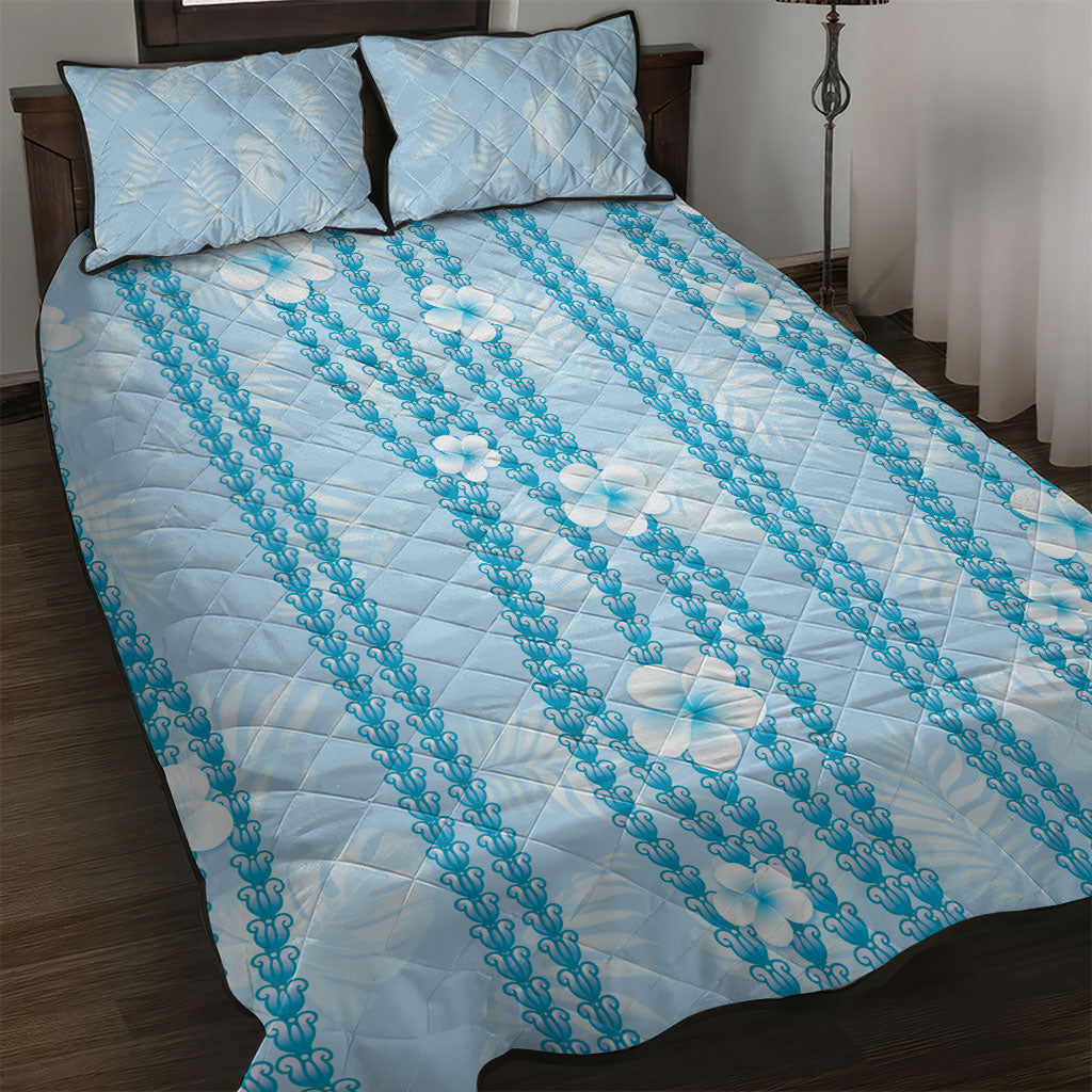 Hawaii Queen Liliuokalani Quilt Bed Set Blue Lei Pua Kalaunu