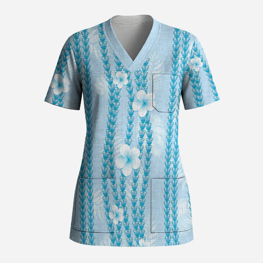Hawaii Queen Liliuokalani Scrub Top Blue Lei Pua Kalaunu