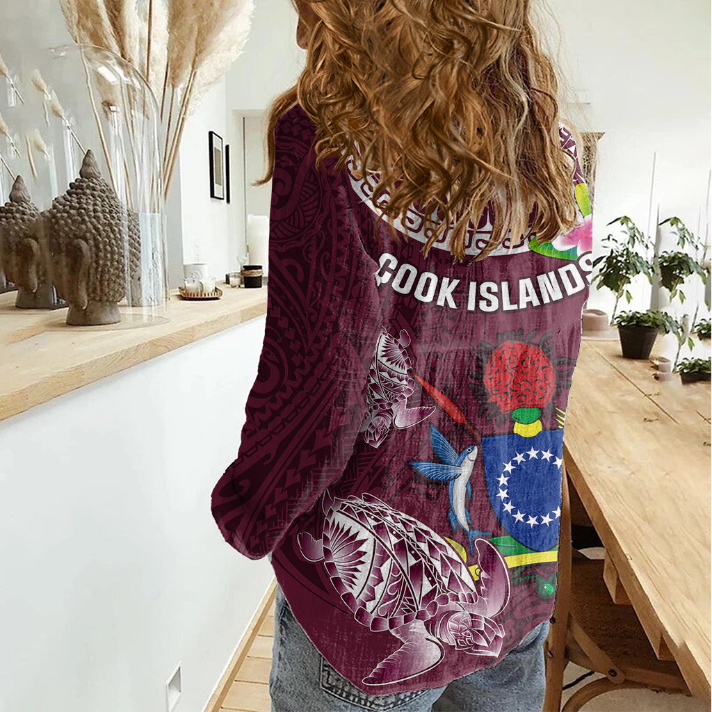 Cook Islands Mangaia Women Casual Shirt Coat Of Arms Plumeria Polynesian Turtle LT05 - Polynesian Pride