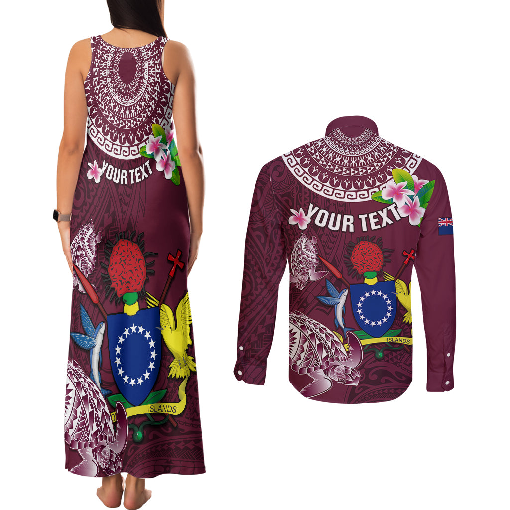 Personalized Cook Islands Mangaia Couples Matching Tank Maxi Dress and Long Sleeve Button Shirts Coat Of Arms Plumeria Polynesian Turtle LT05 - Polynesian Pride