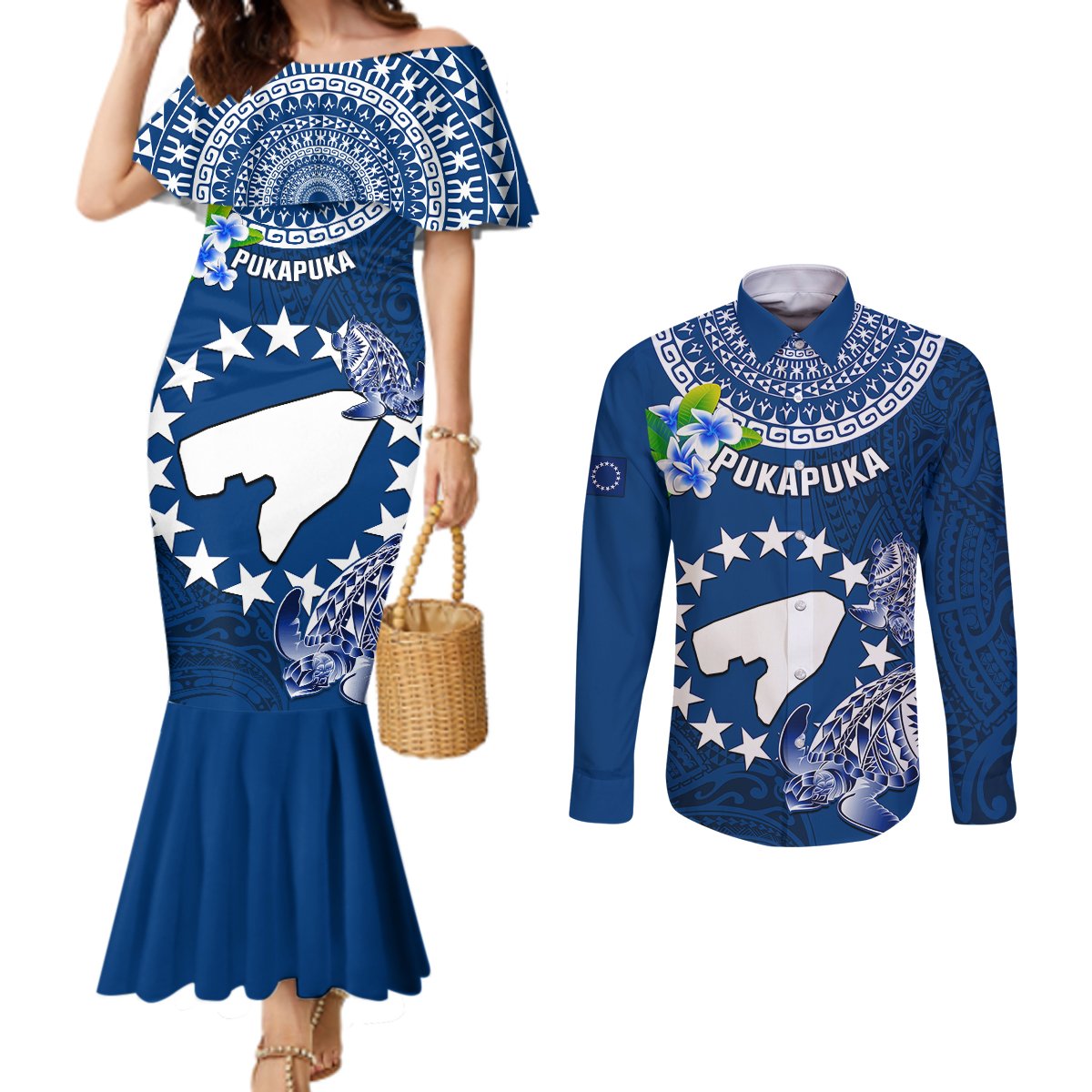 Personalized Cook Islands Pukapuka Couples Matching Mermaid Dress and Long Sleeve Button Shirts Coat Of Arms Plumeria Polynesian Turtle LT05 Blue - Polynesian Pride