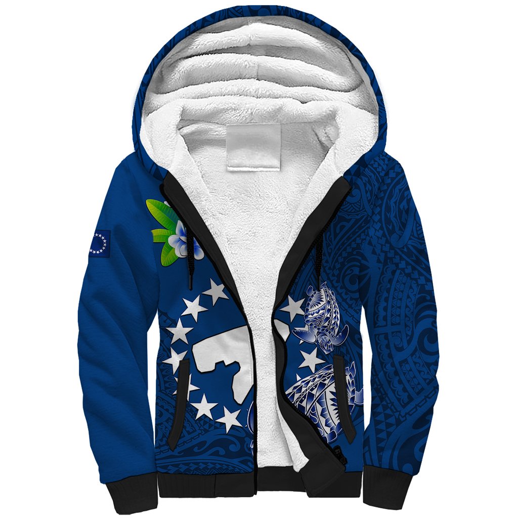 Personalized Cook Islands Pukapuka Sherpa Hoodie Coat Of Arms Plumeria Polynesian Turtle LT05 Unisex Blue - Polynesian Pride
