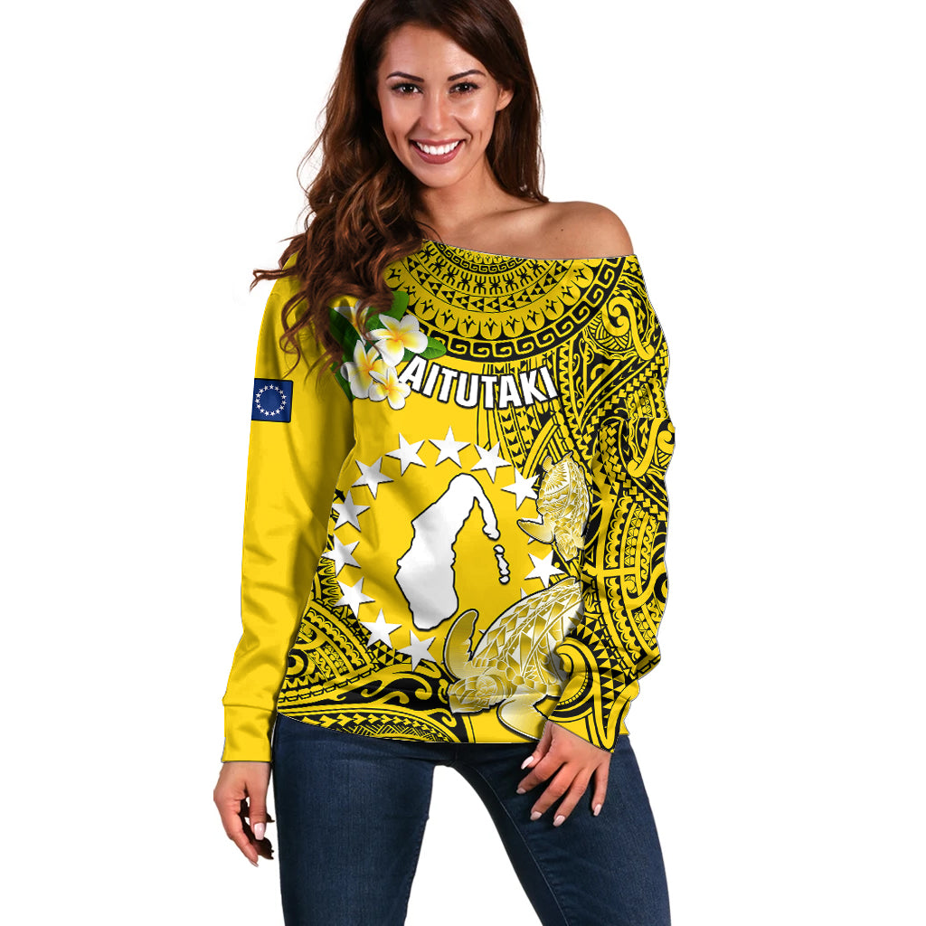 Cook Islands Aitutaki Off Shoulder Sweater Coat Of Arms Plumeria Polynesian Turtle LT05 Women Yellow - Polynesian Pride
