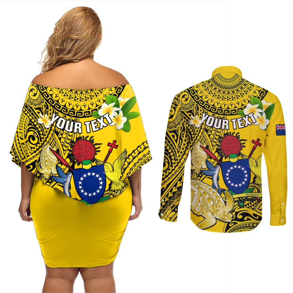 Personalized Cook Islands Aitutaki Couples Matching Off Shoulder Short Dress and Long Sleeve Button Shirts Coat Of Arms Plumeria Polynesian Turtle LT05 - Polynesian Pride