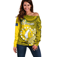 Personalized Cook Islands Aitutaki Off Shoulder Sweater Coat Of Arms Plumeria Polynesian Turtle LT05 Women Yellow - Polynesian Pride