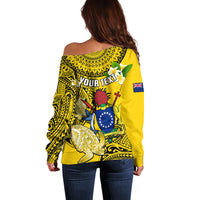 Personalized Cook Islands Aitutaki Off Shoulder Sweater Coat Of Arms Plumeria Polynesian Turtle LT05 - Polynesian Pride