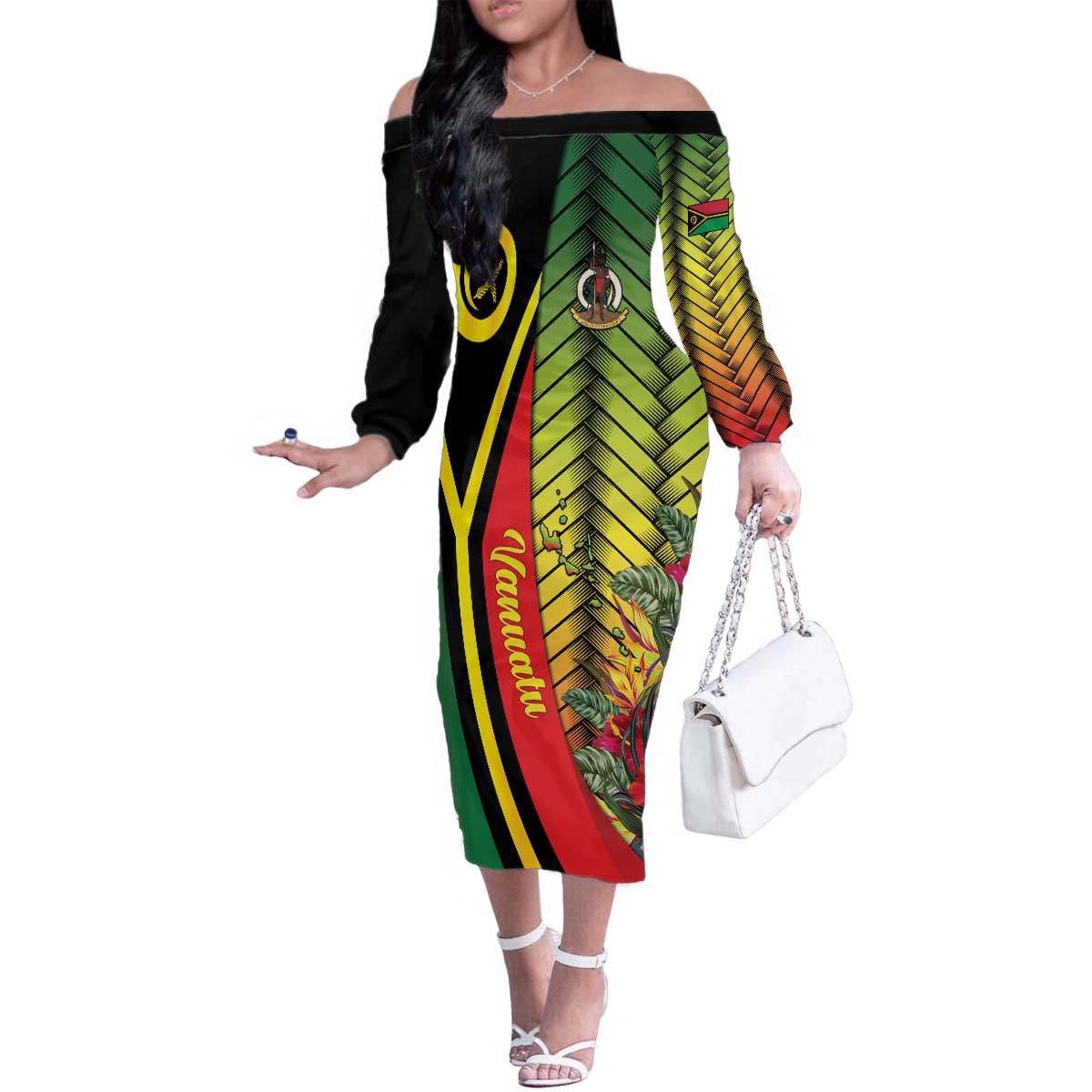 Vanuatu Constitution Day Family Matching Off The Shoulder Long Sleeve Dress and Hawaiian Shirt Long Live Vanuatu LT05 Mom's Dress Colorful - Polynesian Pride