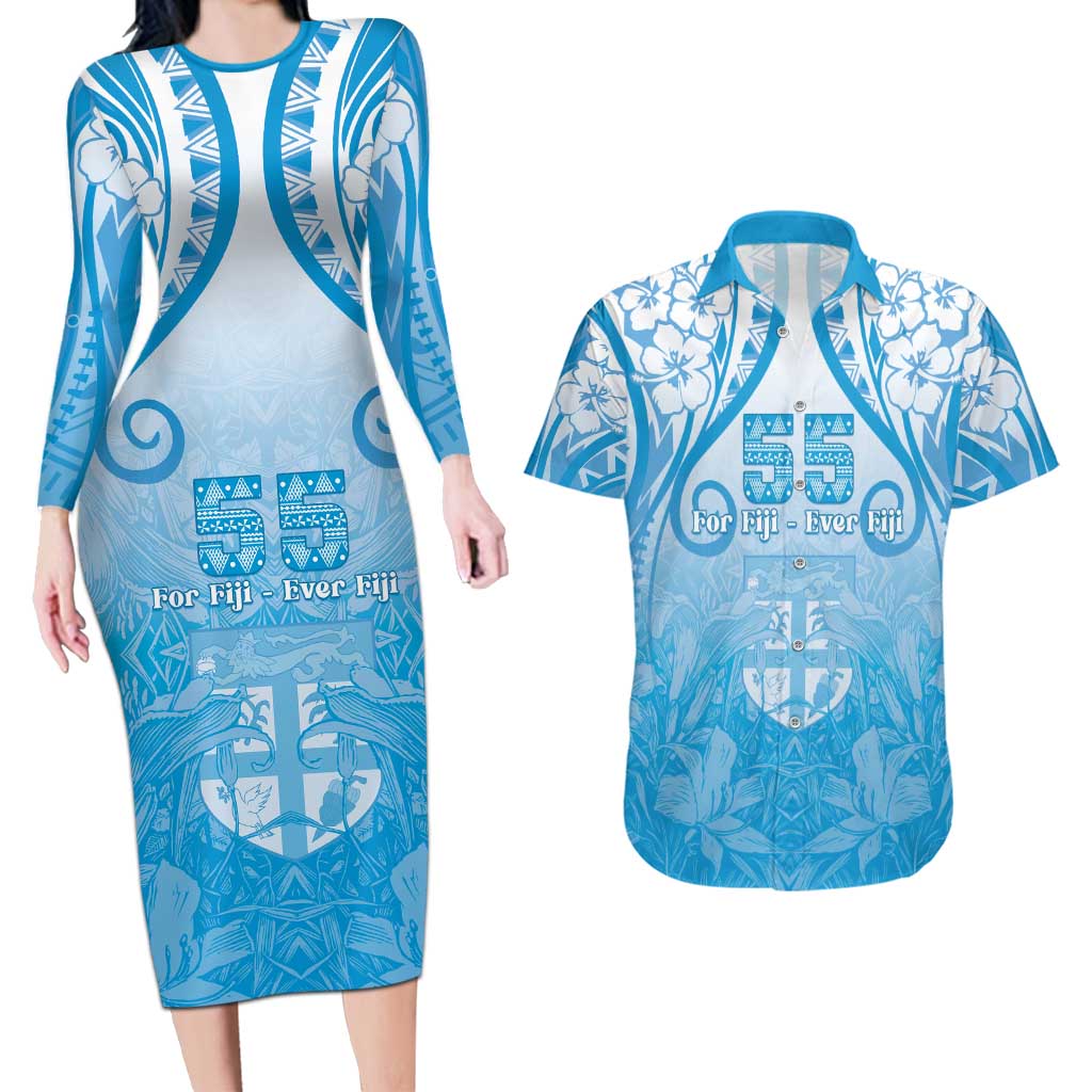 Fiji Day Couples Matching Long Sleeve Bodycon Dress and Hawaiian Shirt 55th Anniversary Forever Fiji LT05 Blue - Polynesian Pride