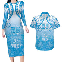 Fiji Day Couples Matching Long Sleeve Bodycon Dress and Hawaiian Shirt 55th Anniversary Forever Fiji LT05 Blue - Polynesian Pride